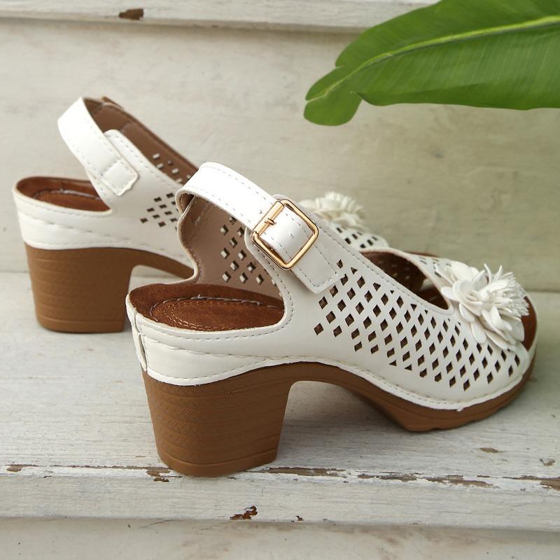 

Босоножки на толстом каблуке большого размера весна и лето новые полые на высоком каблуке с открытым носком с цветочной пряжкой женские 39 белый