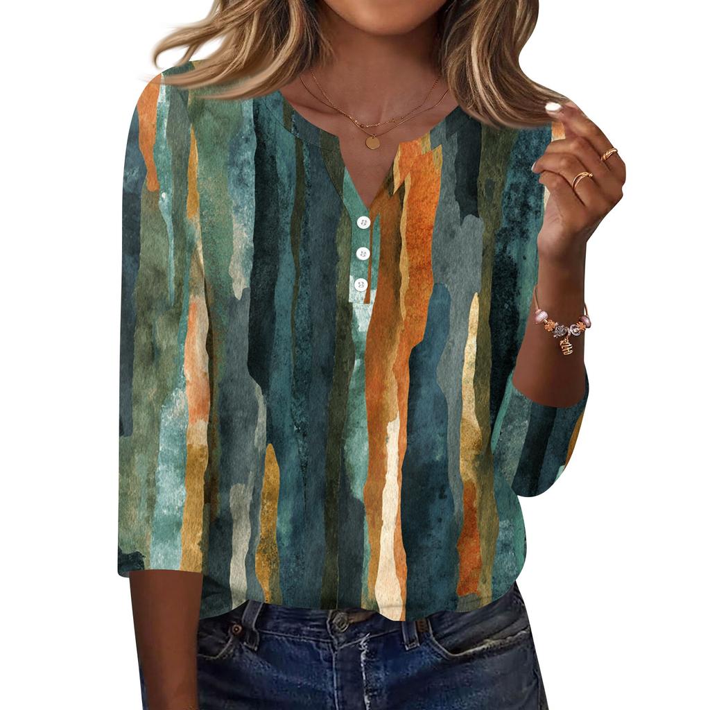 Women's T Shirt Print Button 3/4 Sleeve Daily Weekend Fashion Basic V- Neck Regular Top