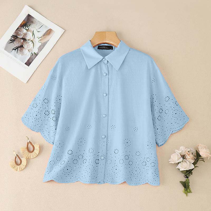 ZANZEA Women Casual Turn Down Collar Loose Half Sleeve Crochet Patchwork Blouse