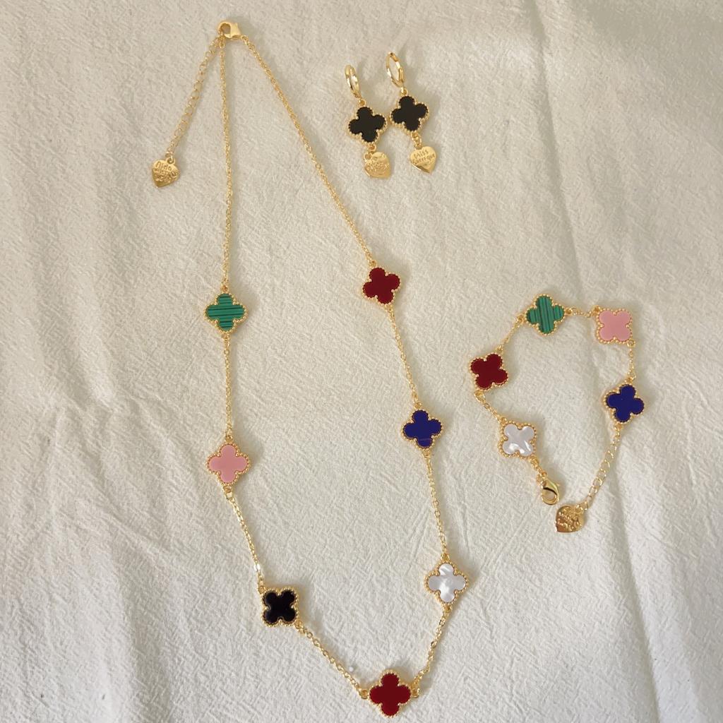 3PCS Four Leaf Clover Necklace Bracelet Earrings Three Piece Set Versatile Lucky Four Leaf Clover Five Flower Bracelet Clavicle Chain Earrings