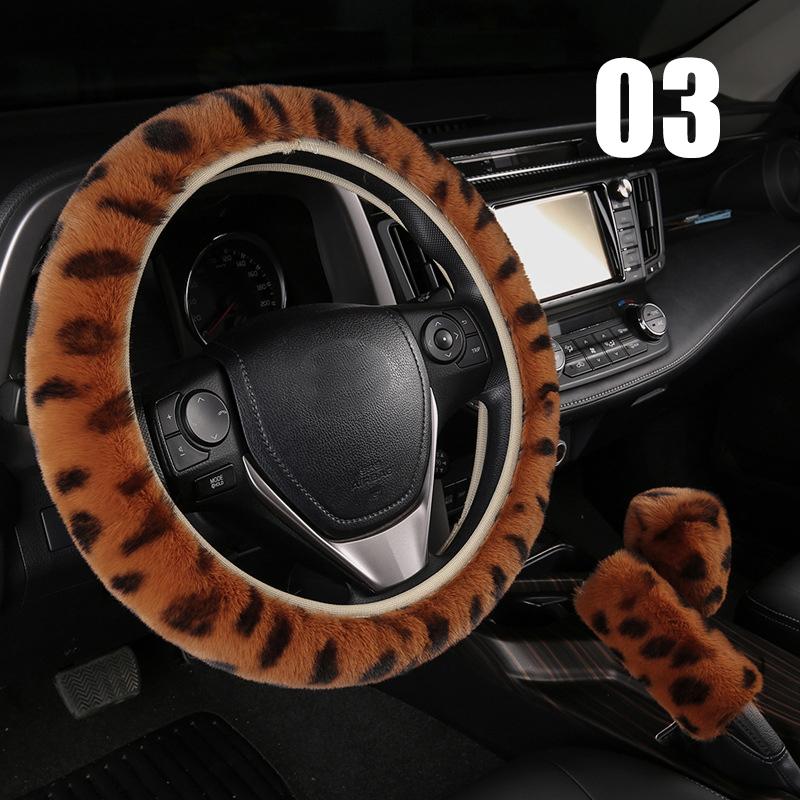 3 Stück/Set Winter Leopard Muster Plüsch Auto Lenkradbezug Schalthebelbezug Handbremsbezug Auto Schutzpolster Innenraum
