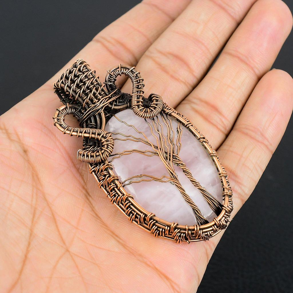Rose Quartz Jewelry, 999 Copper Wire Wrapped  Pendant Handmade Gemstone Jewelry, Gifts For Wife Brand New Pendant