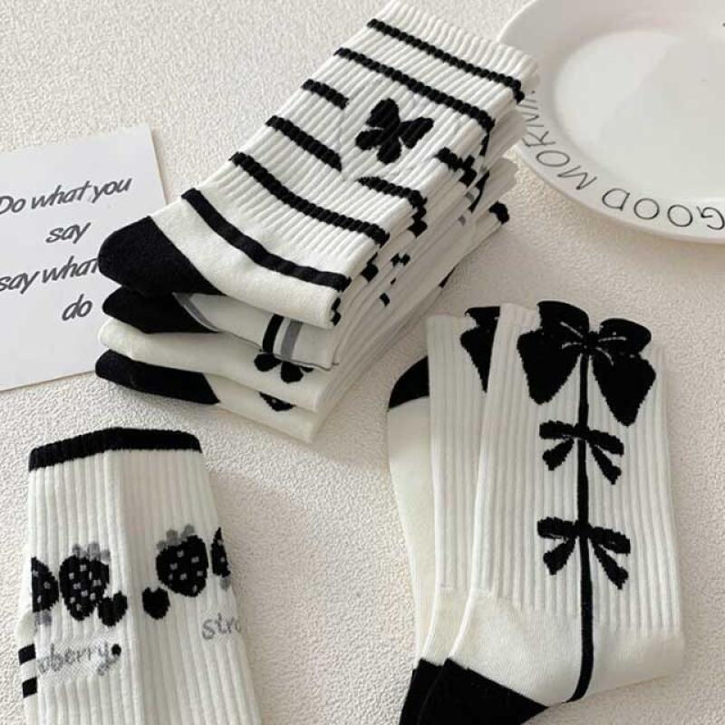 Women's Fashion Socks Long Medium Socks Black Ribbon 8-Piece Set