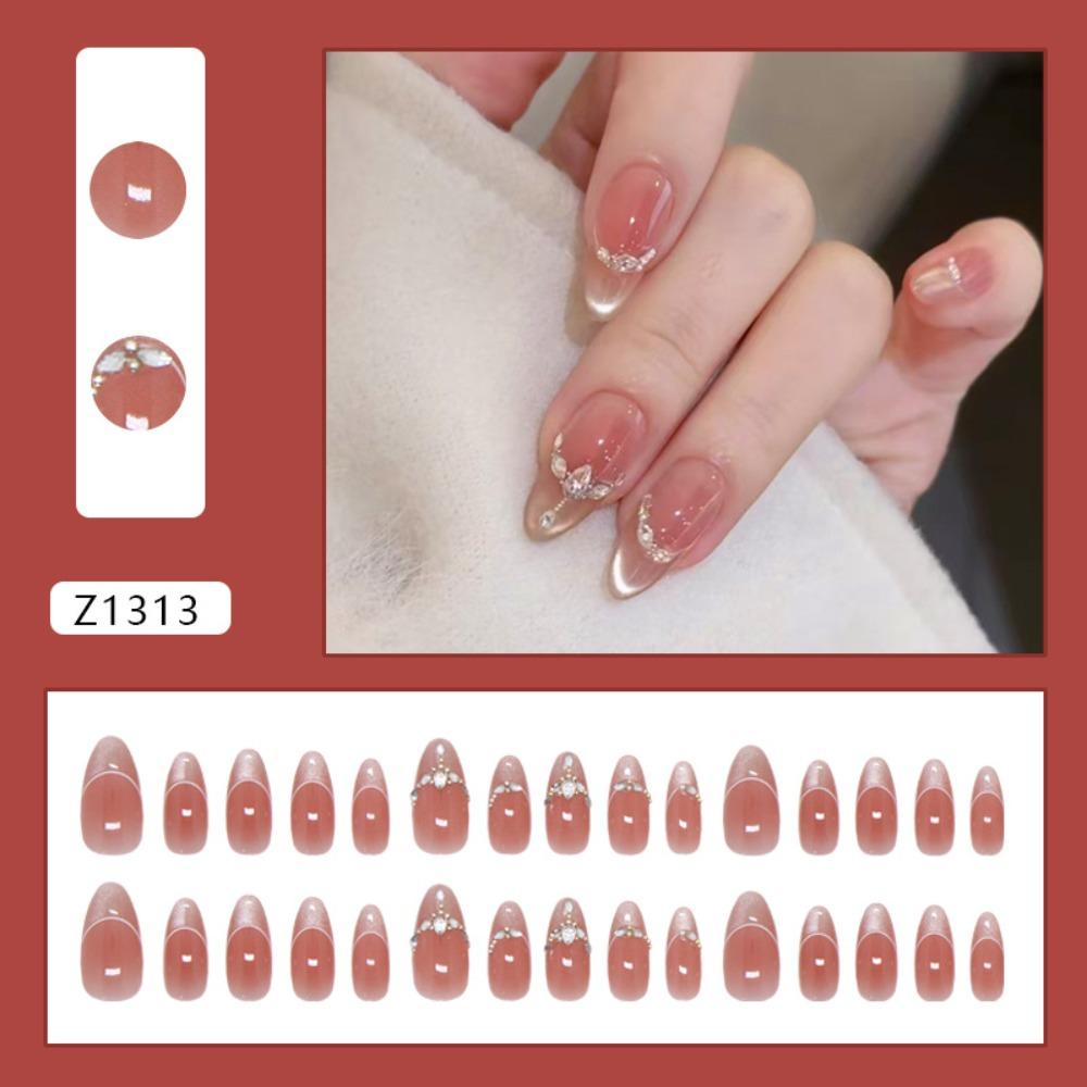 30pcs Long Square and Almond False Nails Crystal and Bow Knot Cat Eye Flowers Press On Nails French Detachable Fake Nails Women