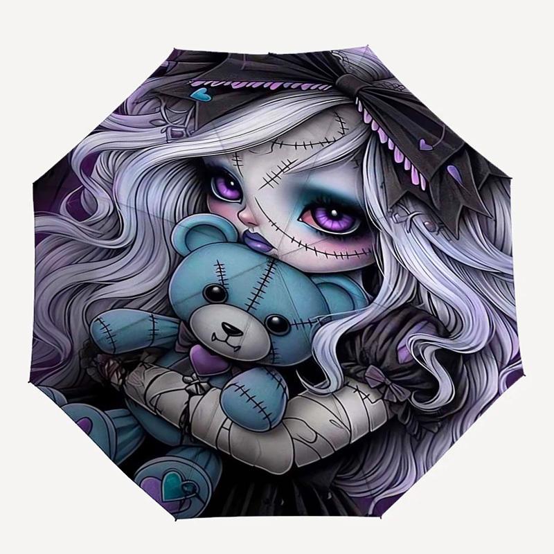 Gothic Doll, Teddy Bear Themed Automatic Opening and Closing Umbrella, Compact Travel Umbrella, Lightweight and Portable, Suitable for Beach
