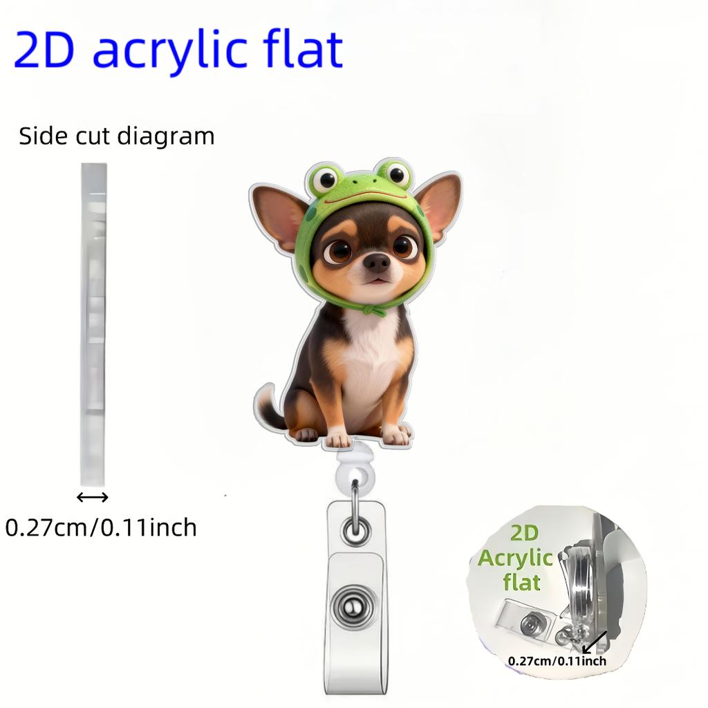 2D Flat Acrylic Dog With Frog Hat Flower Retractable Badge Reel,Nylon Cord Easy Open ID Clip,Gift For Nurses Doctors Students Medical Office Staff