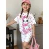 Girl Leisure Coordination Cute Kitten Heart Floral Print Short‑Sleeve Top and Elastic Biker Shorts Kid Sweet Summer Daily Garmen