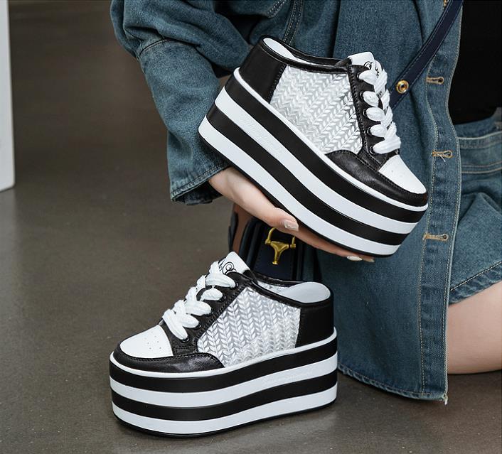 Fashion 12cm Slides Shoes Sneakers Slip on Slippers Women Summer Shoes Wedge Microfiber Leather Air Mesh Glitter Platform Sandals