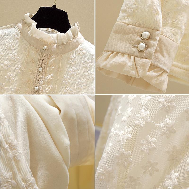 Women's Fleece-Lined Lace Top with Stand-Up Collar - Autumn/Winter Embroidered Mesh Long Sleeve Slim Fit Shirt