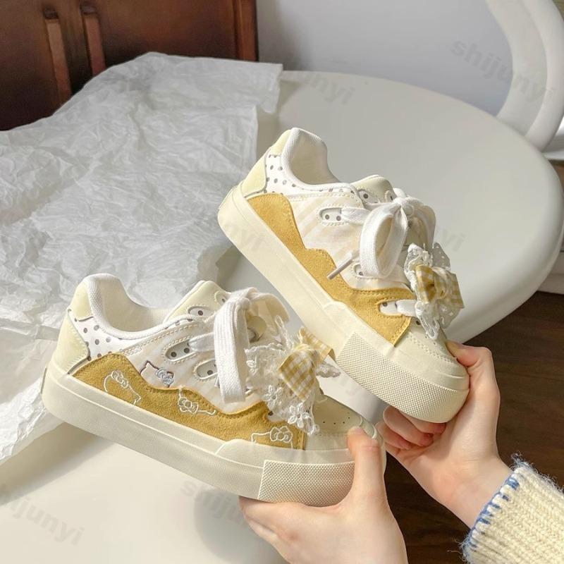Fashion Cute Bow Knot Board Shoes Women 2025 Spring Autumn New Platform Student Casual Shoes Comfortable Height Increase Lace Up Flats