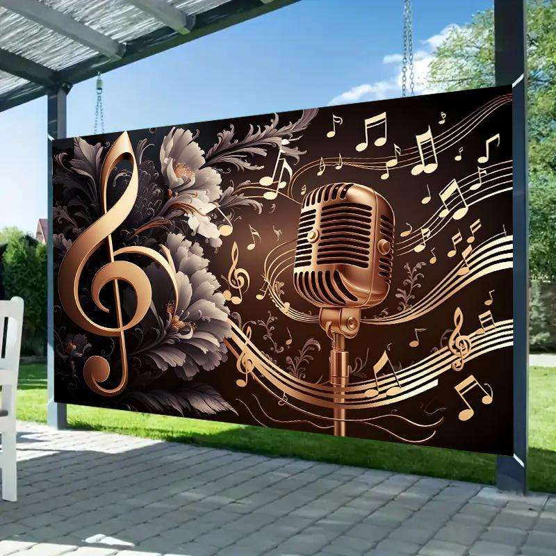 1 pezzo di striscione, sfondo da festa musicale sognante con microfono e strisce decorative con simboli musicali