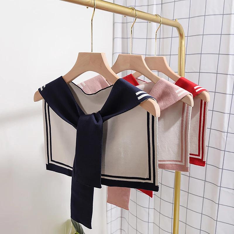 Korean College Navy Stripe Wool Knit Shoulder Cape Knotted Warm Shawl Summer Air Conditioned Room Protect Neck Woman's Scarf