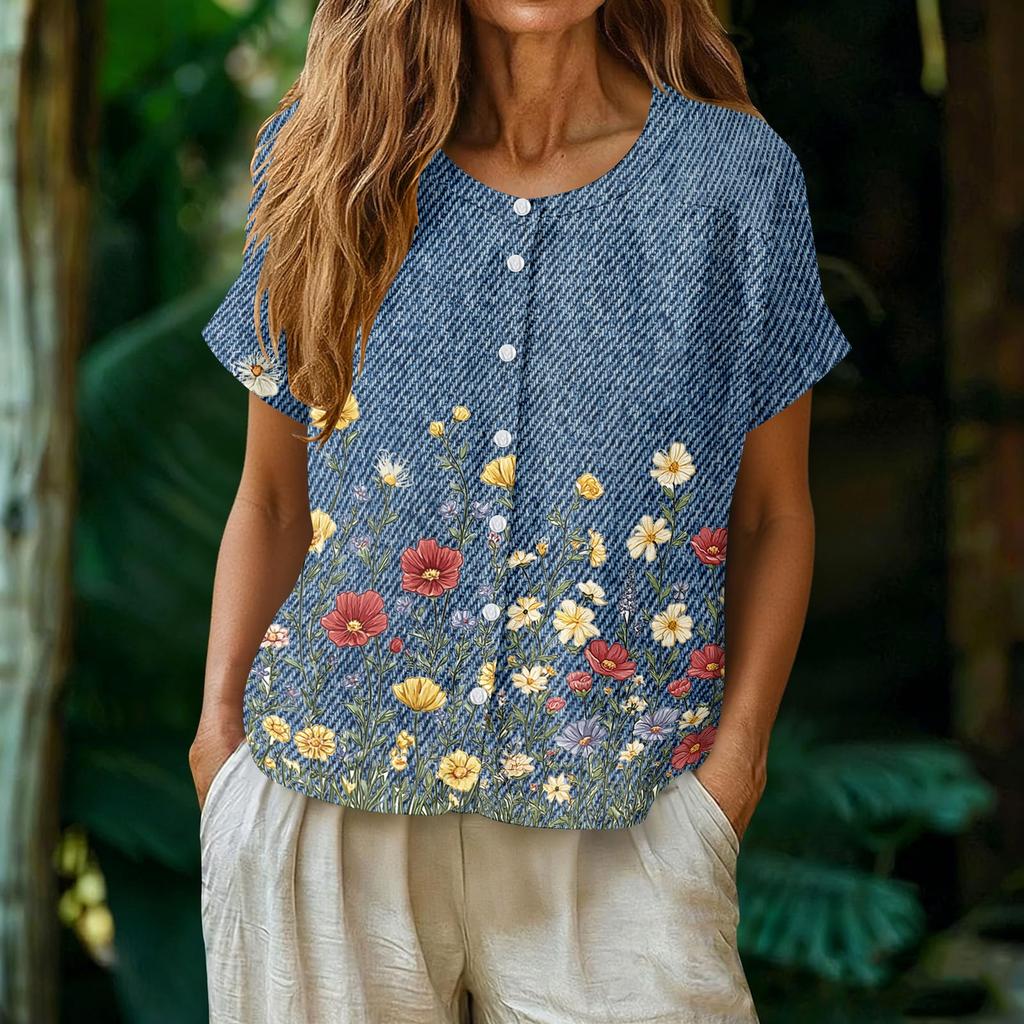 Women's Neck Floral Print Blouse with Single Button Placket