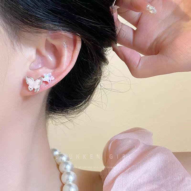 Pink Butterfly Tassel Pearl Stud Earrings Set for Women - High-End Luxury Jewelry