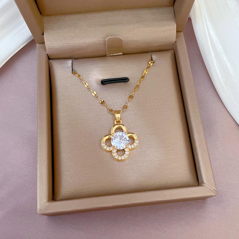Light Luxury Full Diamond Micro-Inlaid Zircon Small Fresh Four-Leaf Flower Necklace Copper Electroplated Real Gold Pendant
