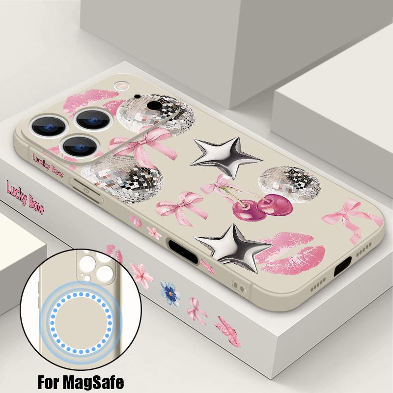 For iPhone 17 Pro Max Case Cherry Bowknots Lips Disco Ball Magnetic For Magsafe Silicone Cover For iPhone 16 Pro Max Funda iPhone 15 14 13 12 11 16E