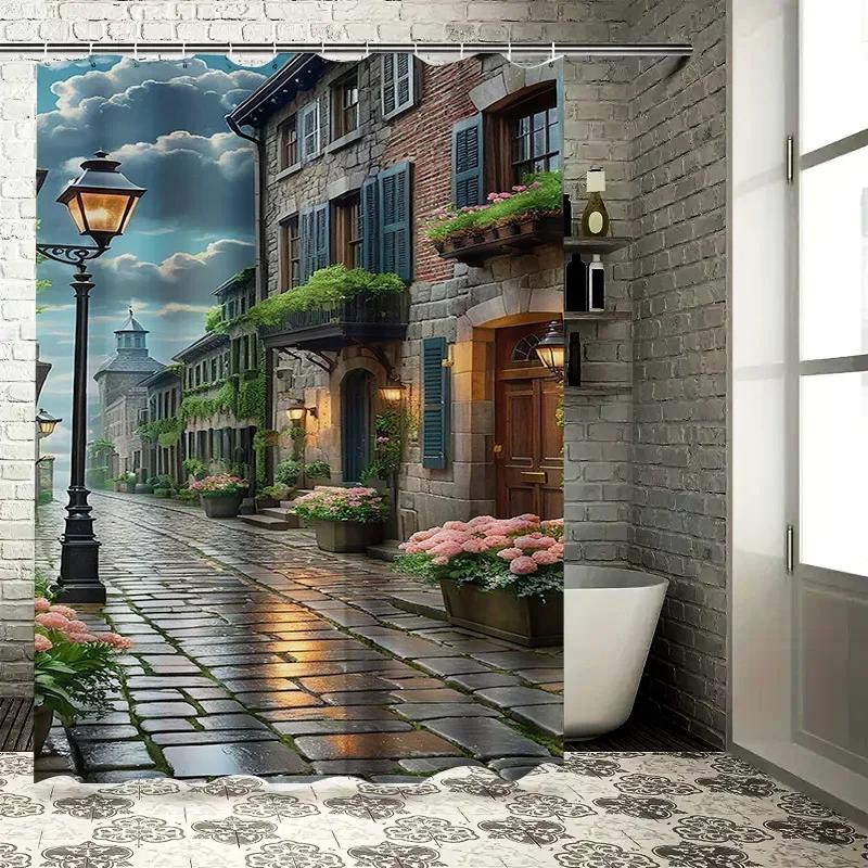 Charming Old Town Street Waterproof Shower Curtain Heat Resistant Machine Washable Non-Transparent 180x180cm