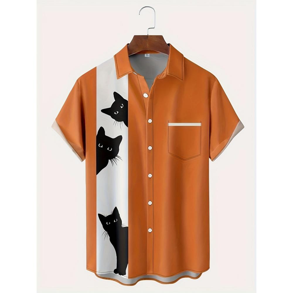 [Cat Cartoon Print Shirt] Plus Size 3D Digital Print Cartoon Fun Men's Short Sleeve Button Pocket Shirt