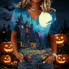 Women Casual Short Sleeve V Neck Pullover Top Halloween Pumpkin Print Lightweight Loose Fit Blouse for Everyday Wear