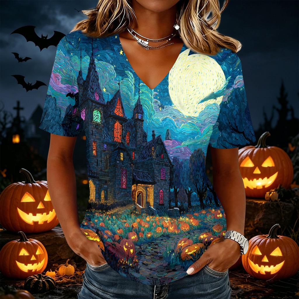 Women Casual Short Sleeve V Neck Pullover Top Halloween Pumpkin Print Lightweight Loose Fit Blouse for Everyday Wear