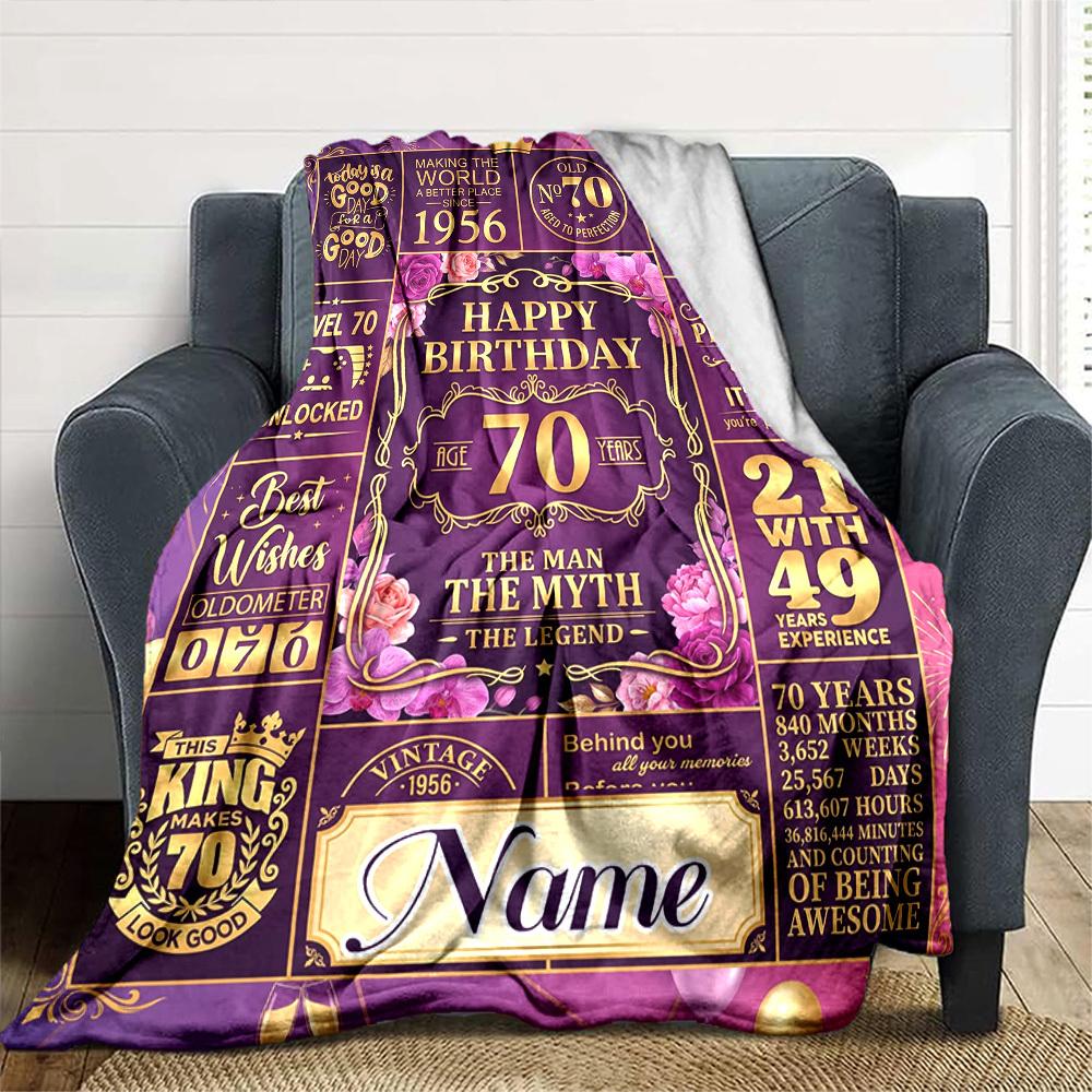 Golden Milestone Celebration Blanket Personalized Name Soft Warm And Versatile For Sofa Bed Office And Travel Machine Washable Comfortable In All