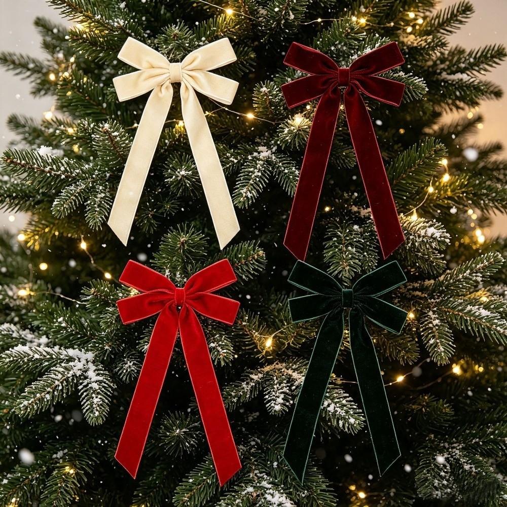 4PCS Long Ribbon Christmas Tree Bows Single/Double Ear Bow Xmas Gift Box Bow Holiday Ornament