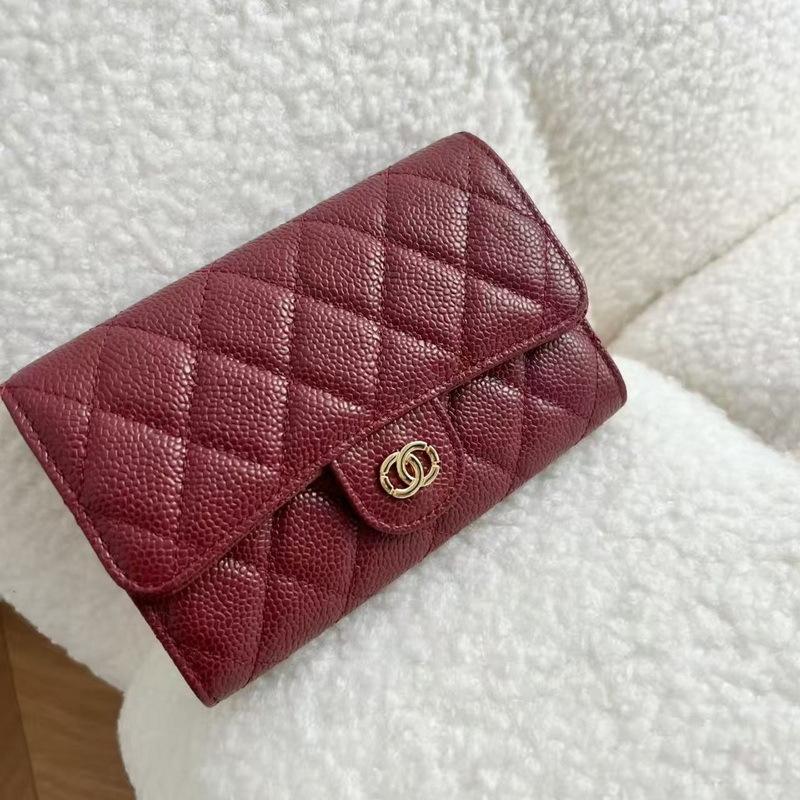 2026 New Caviar Patterned Cowhide Long Three Fold Wallet Hand-held Bag Chain Strap Crossbody Genuine Leather Women's