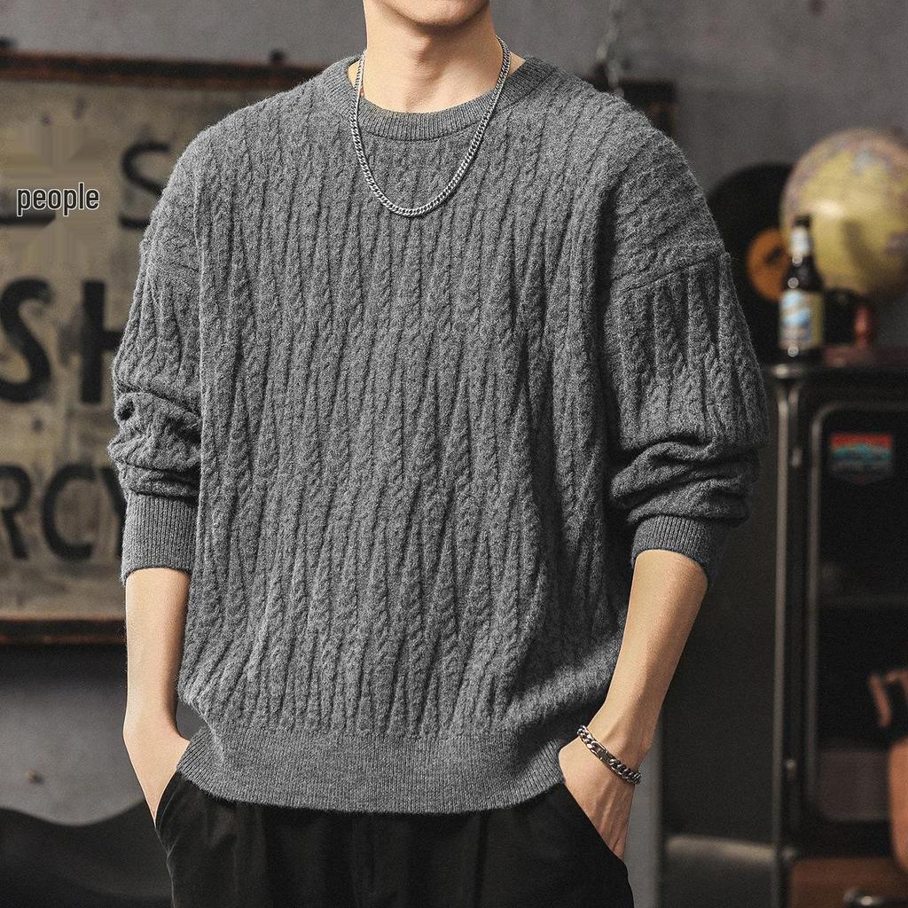 Men's Heavyweight Cable Knit Sweater - Warm, Trendy, Casual, and Versatile Round Neck Knitwear