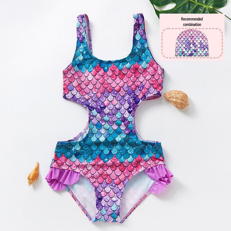 Girls' One-Piece Swimsuit: Gradient Fish Scale Design for Ages 3-12