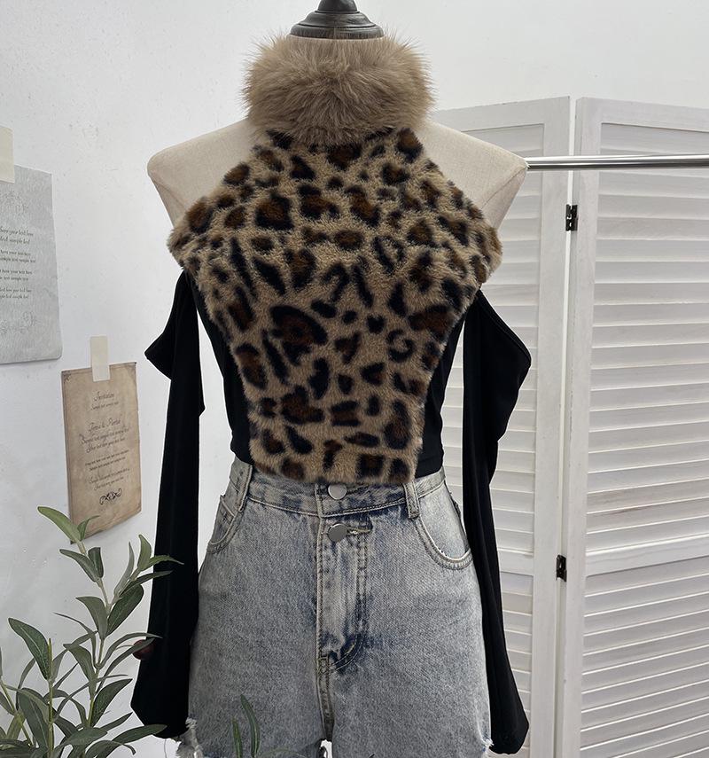 Leopard Print Fluffy Off-Shoulder Long Sleeve Halter Neck Women s Retro Short Top One Size кофейный