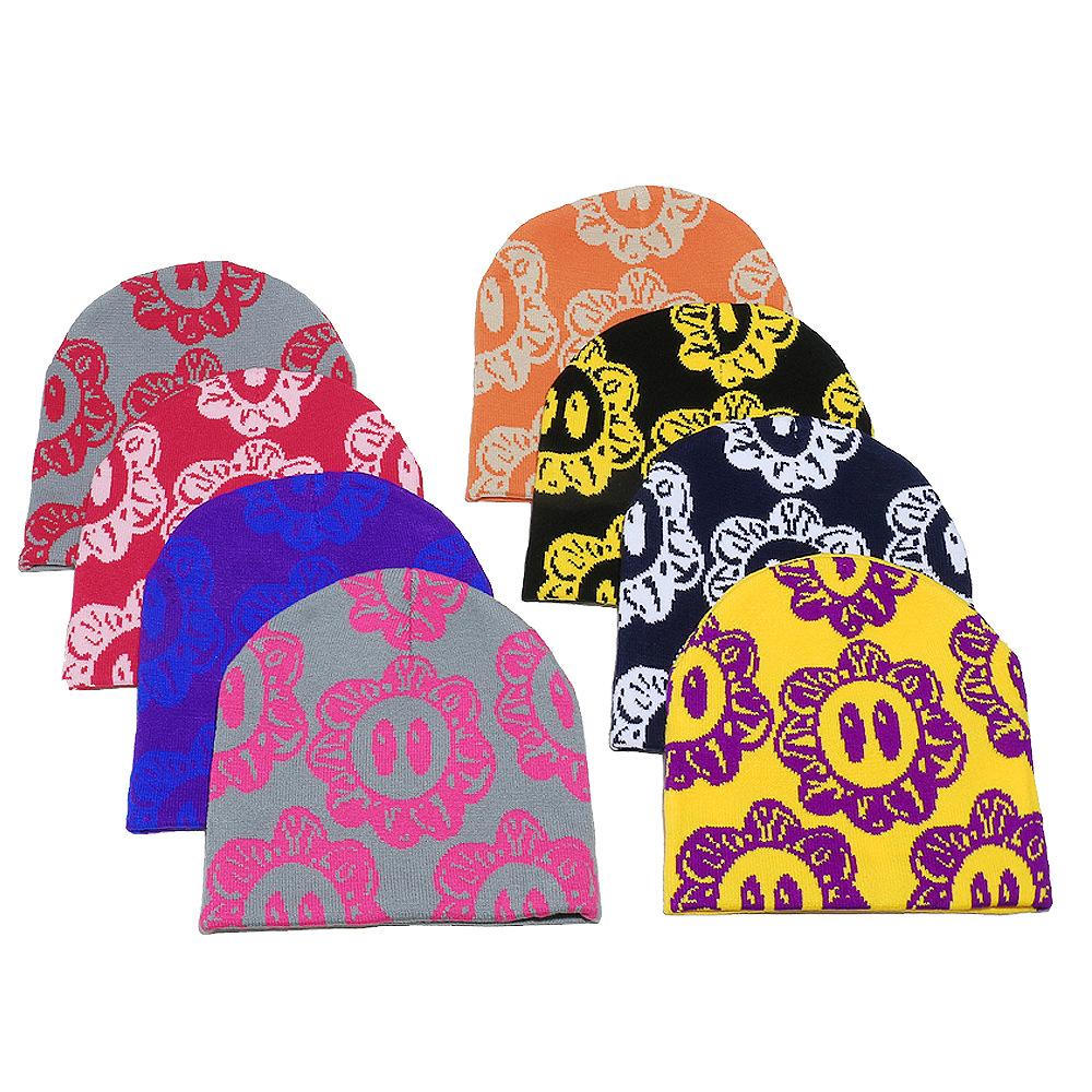Cold Hat Internet Celebrity Jacquard Sun Flower Knitted Wool Hat Warm Pullover Hat Wholesale