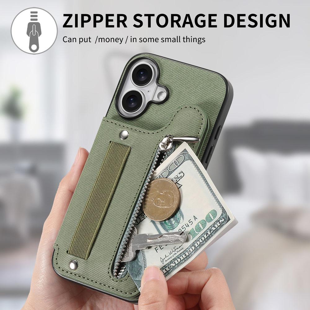 Zipper Cards Solt Wallet Leather Case for iPhone 16 15 13 Pro Max 14 Plus 16Pro 15Pro Elastic Rope Wrist Leather Cover