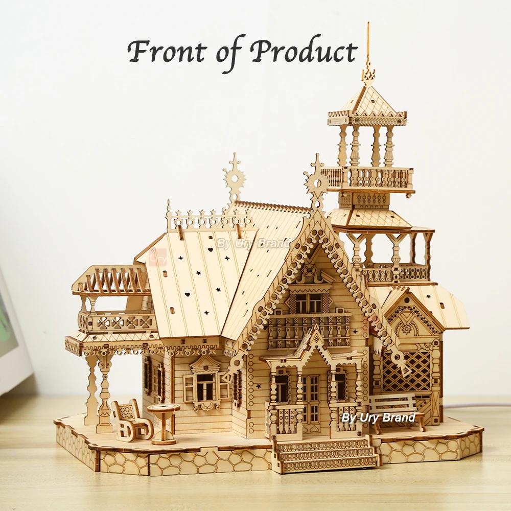 1PC 3D Wooden Puzzle Villa House Royal Castle with Light Assembly Toy Kid Adult DIY Model Kits Desk Decoration for Gift