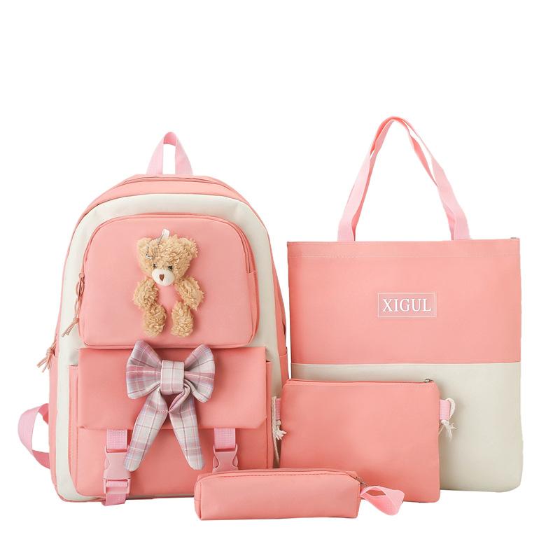 Schoolbag Student Backpack Four-piece Set Female Cute Bear Japanese Campus School Bag Large Capacity Set Transfer Backpack Portable