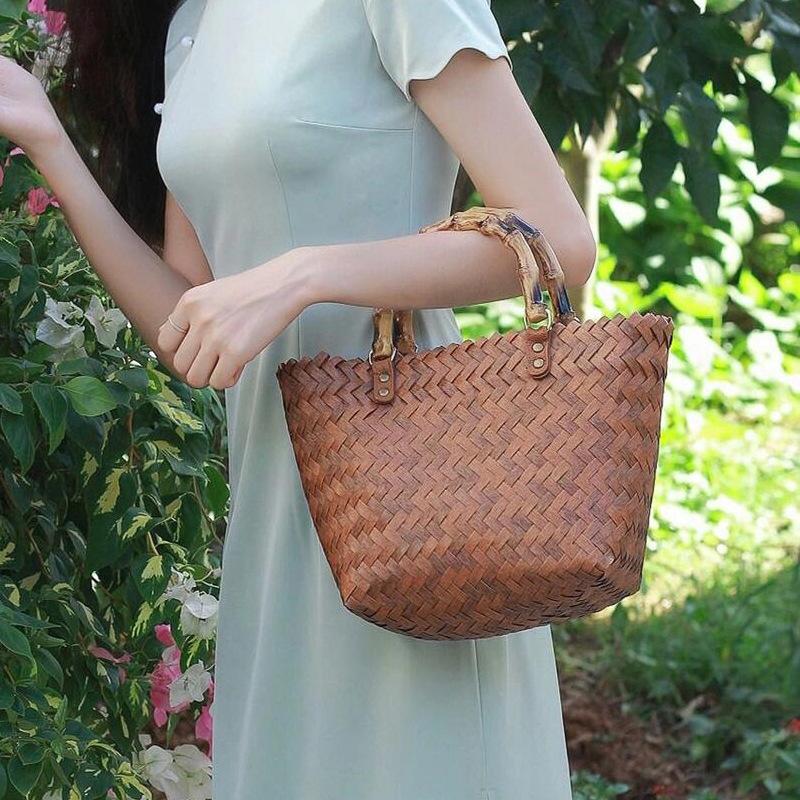 Pure Hand-woven Cabbage Basket Versatile Retro Bamboo Joint Portable Straw Woven Tote Bag Imitation Rattan Woven Gift Bag