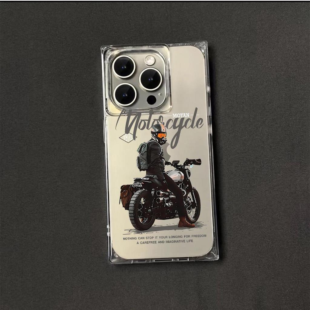 Transparent Square Back Tube Case Casing Protection For iPhone 12 11 16 ProMax 15 Plus 13 14 Pro Max Anti-Oxygen,Motorcycle Man Pattern