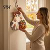 Cute Ghost Plaque Halloween Bow Door Sign, Wooden Patchwork Hanging with Pumpkin Candy Basket, Wood Craft Decoration Retro Wall Pendant Lanyard