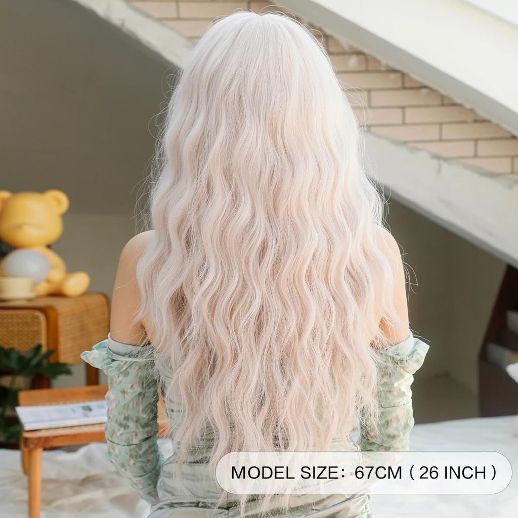 WIGS Long Wavy White Pink Wig for Women Daily Party Synthetic Light Blonde Wigs with Bangs Costume Lolita Wig 26 Inch