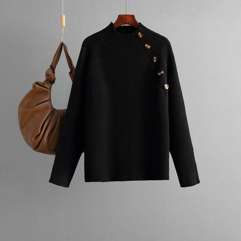 

Fashion New Arrival Fashion Half Turtleneck Button Knitting Sweater Half High Neck Knited Sweater Black All yards