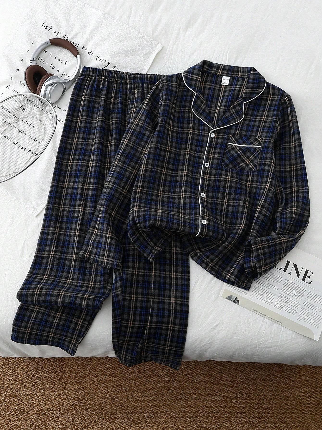 Boys Cotton Blend Plaid Pajama Set Cotton Lapel Button Long Sleeve Top and Long Pants Soft Comfortable Loungewear Sleepwear for Teen Boys 13-16Y 13Y