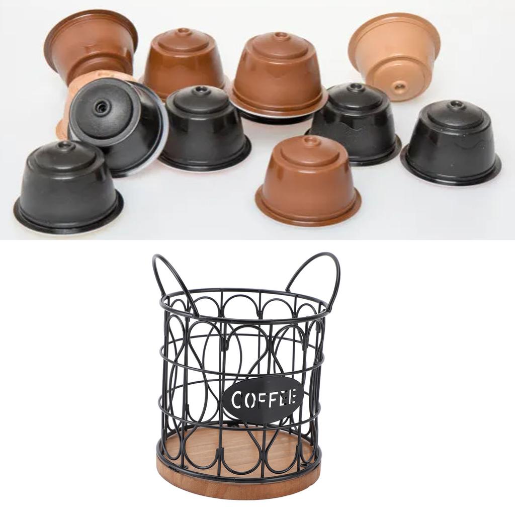 Coffee Pod Basket Decorative Round Wire Coffee Capsule Holder with Wooden Base for Cafe Kitchen Countertop