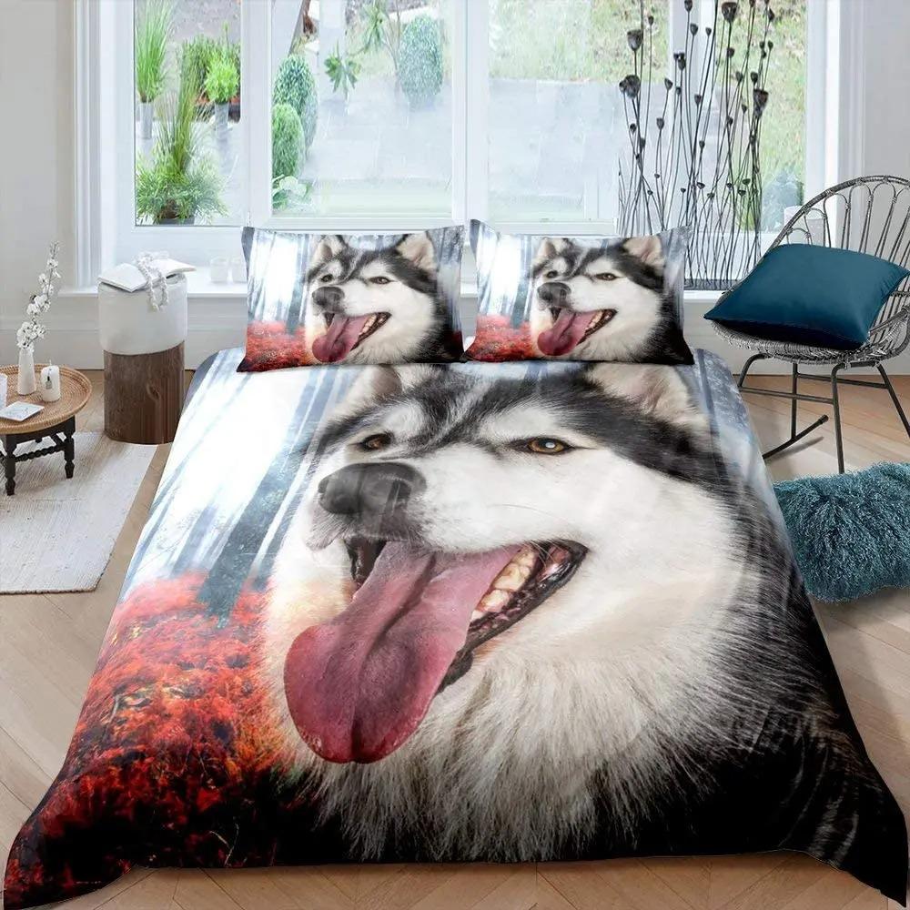 Cute Husky Puppy Bedding Set Polyester Flower Jungle Print Duvet Cover Double Queen King Size