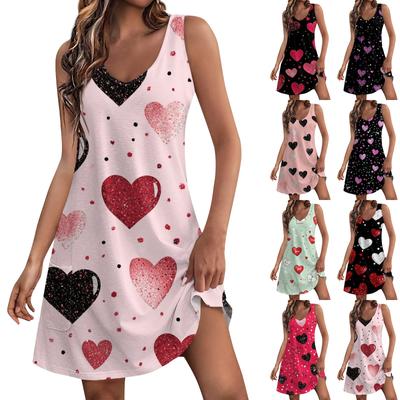 Damen Lässiges Mode-Kleid zum Valentinstag mit Liebesherz-Print und Taschen