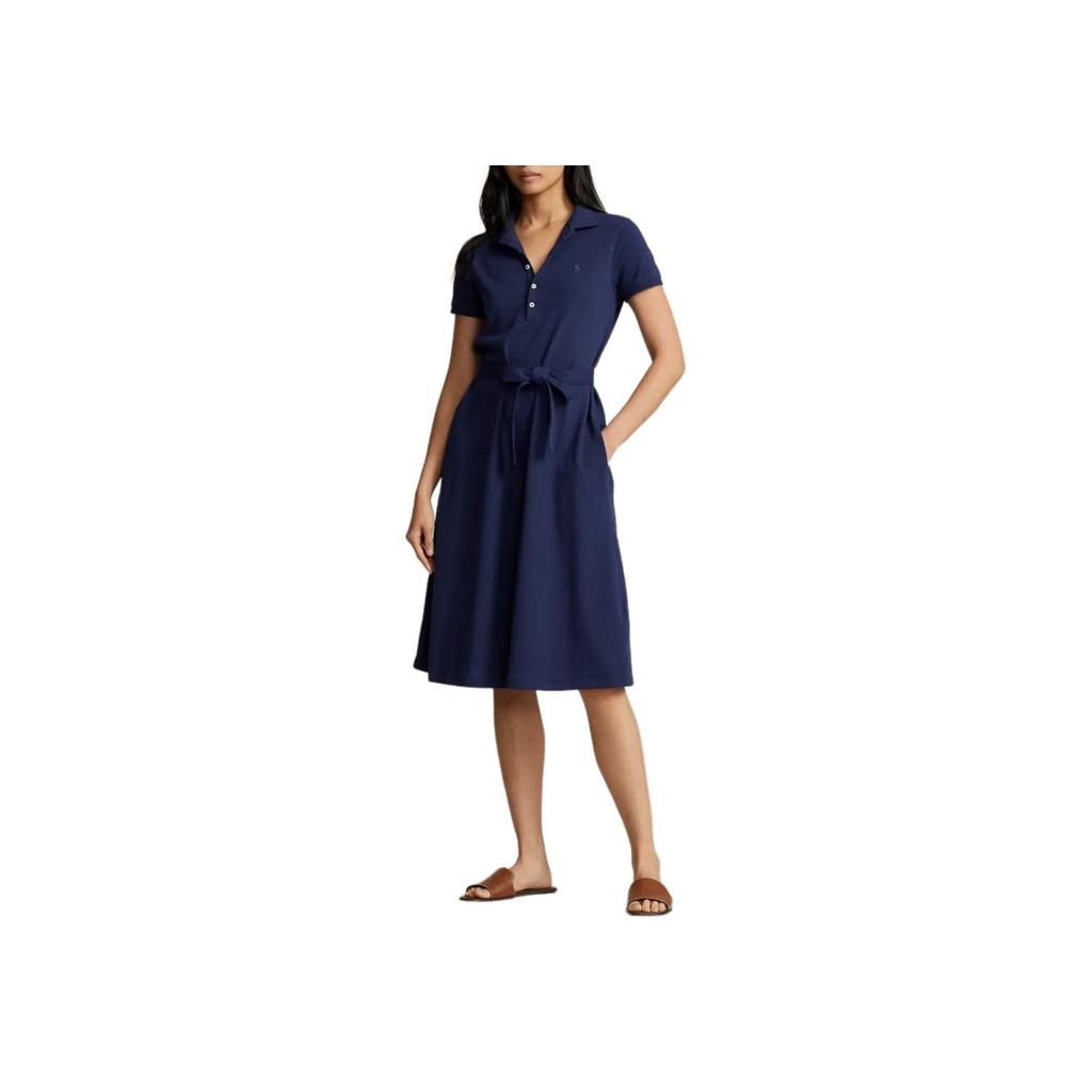 Polo Ralph Lauren Solid Color Belted Polo Collar A-Line Short Sleeve Dress Women dresses Dark-Blue WMPODRSNFA20247-410