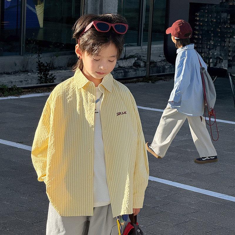 Boys Casual Long Sleeve Embroidered Stripe Shirt Big Kids Children Spring Autumn Clothing