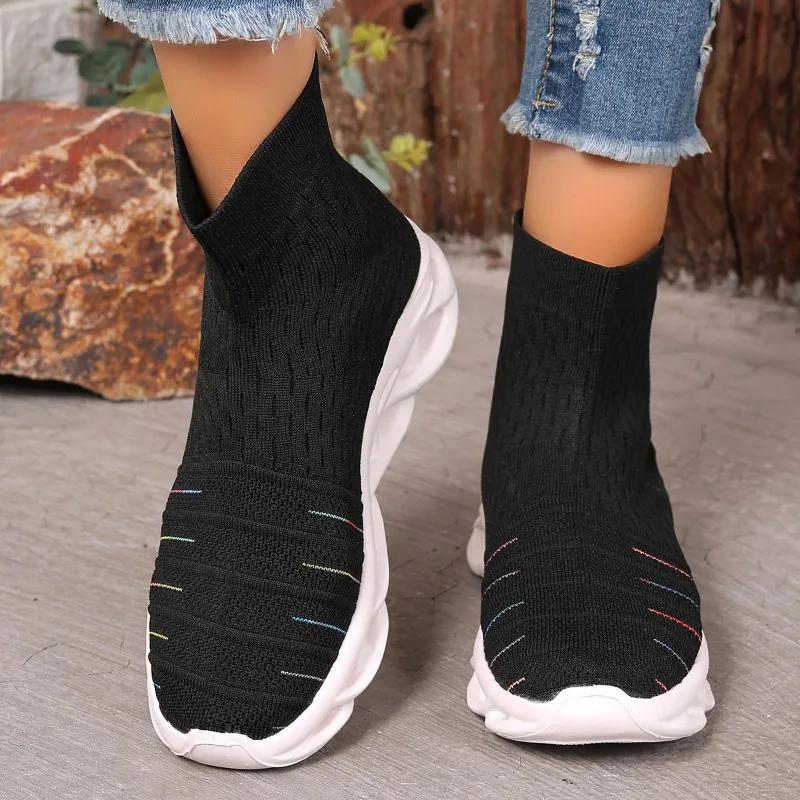 2024 New Shoes for Women Slip On Women's Vulcanize Shoes Spring Round Toe Solid Net Cloth Elastic Fabric Breathable Casual Shoes