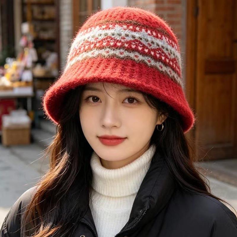 Vintage Fair Island jacquard knitted bucket hat women's autumn and winter plush warm bucket hat literary short brim basin hat