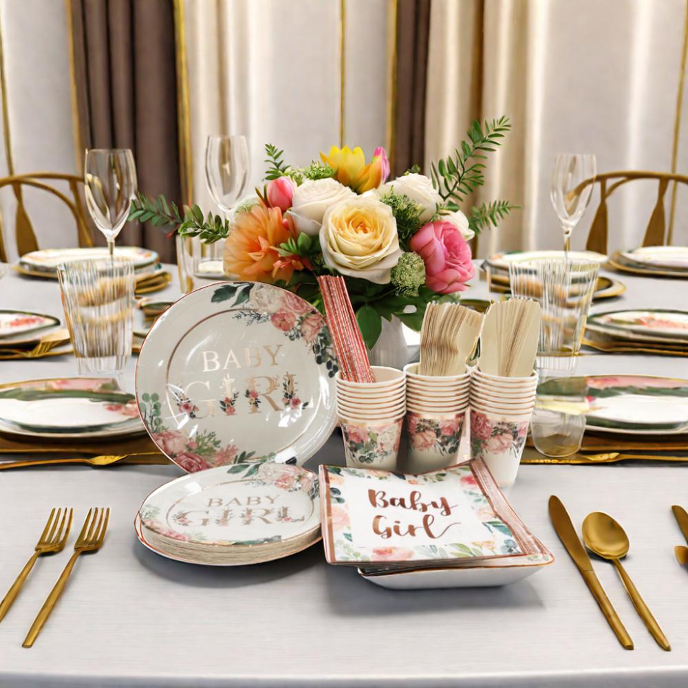 Rose Gold Floral Baby Shower Party Tableware Set 24 Eco-friendly Plates Napkins Cups Knives Forks Table Decorations