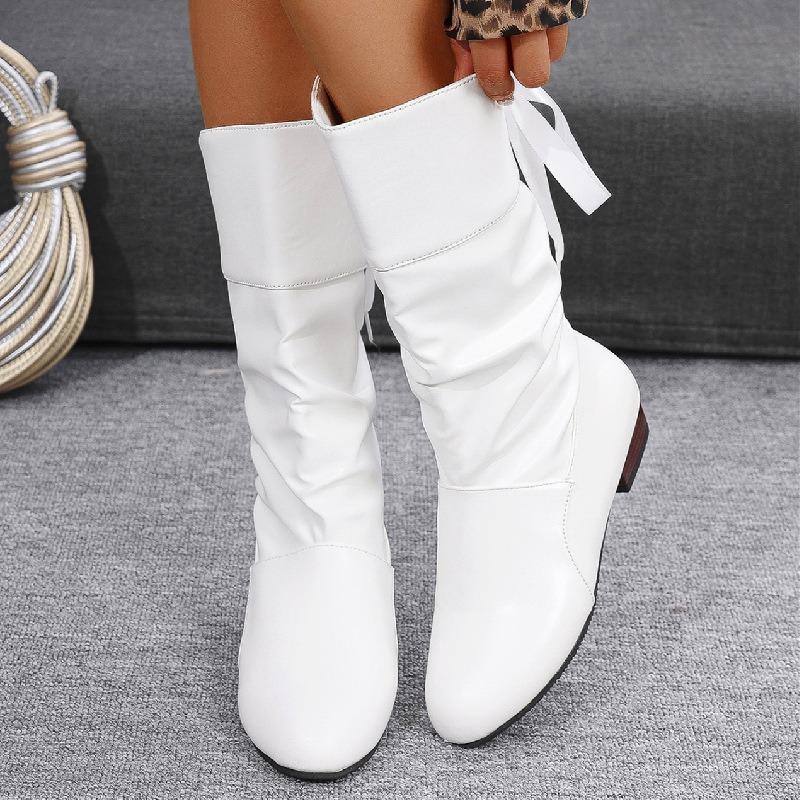 Cross-border New Large-size Lace-up Thin High Boots Women's Autumn and Winter White Student Thick-heeled Leather Knight Boots