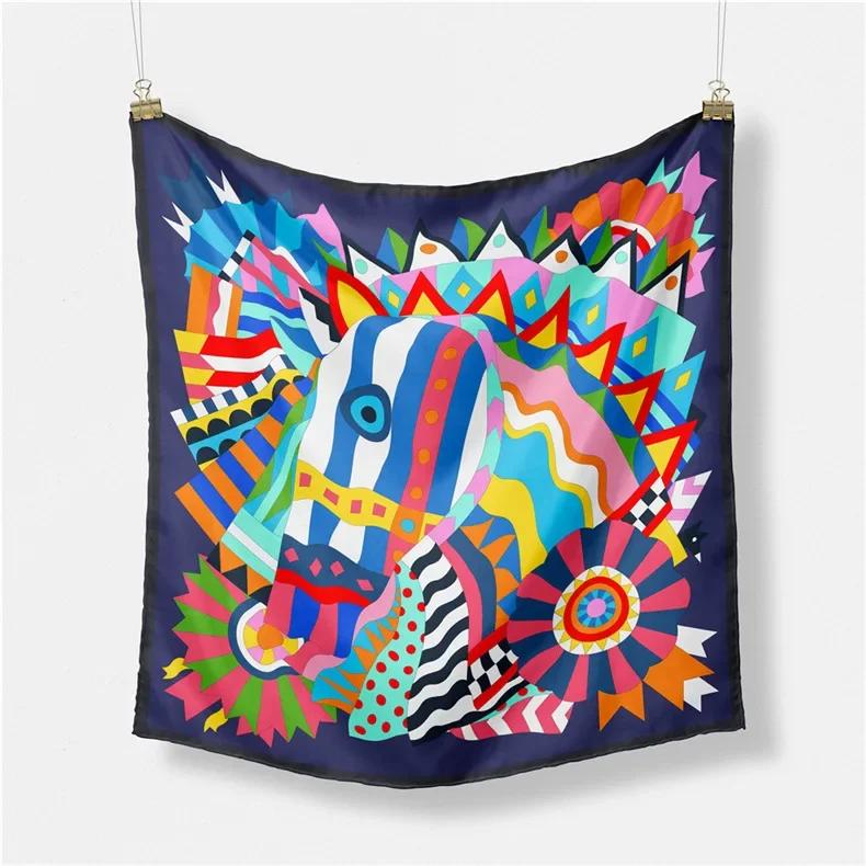 Luxury Horse Print Silk Square Scarf Women Spring Neck Tie Shawl Wraps Female Hair Hand Wrist Headkercheif Hijab Bandana